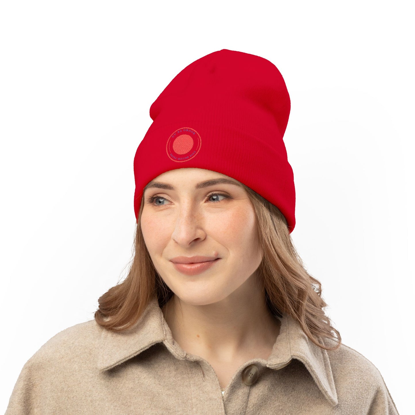 Nu Ra Order -NRO - Embroidered Target Knit Beanie – Cozy Winter Hat with Minimal Red Circle Accent