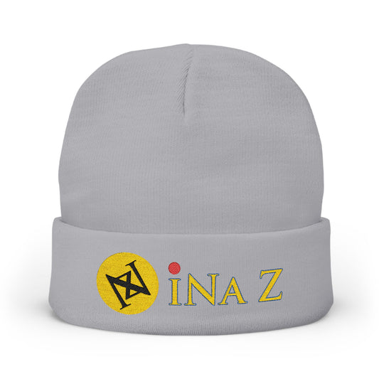 INa Z version ElOm (Yellow) - Embroidered Target Knit Beanie – Cozy Winter Hat with Minimal Red Circle Accent