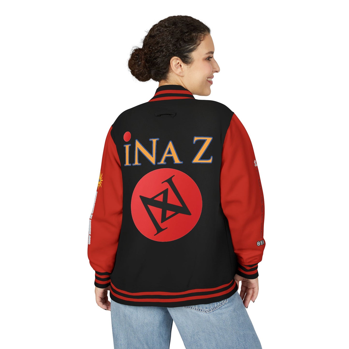 iNa Z Letterman Jacket — INA Z Red & White Varsity Jacket with Logo