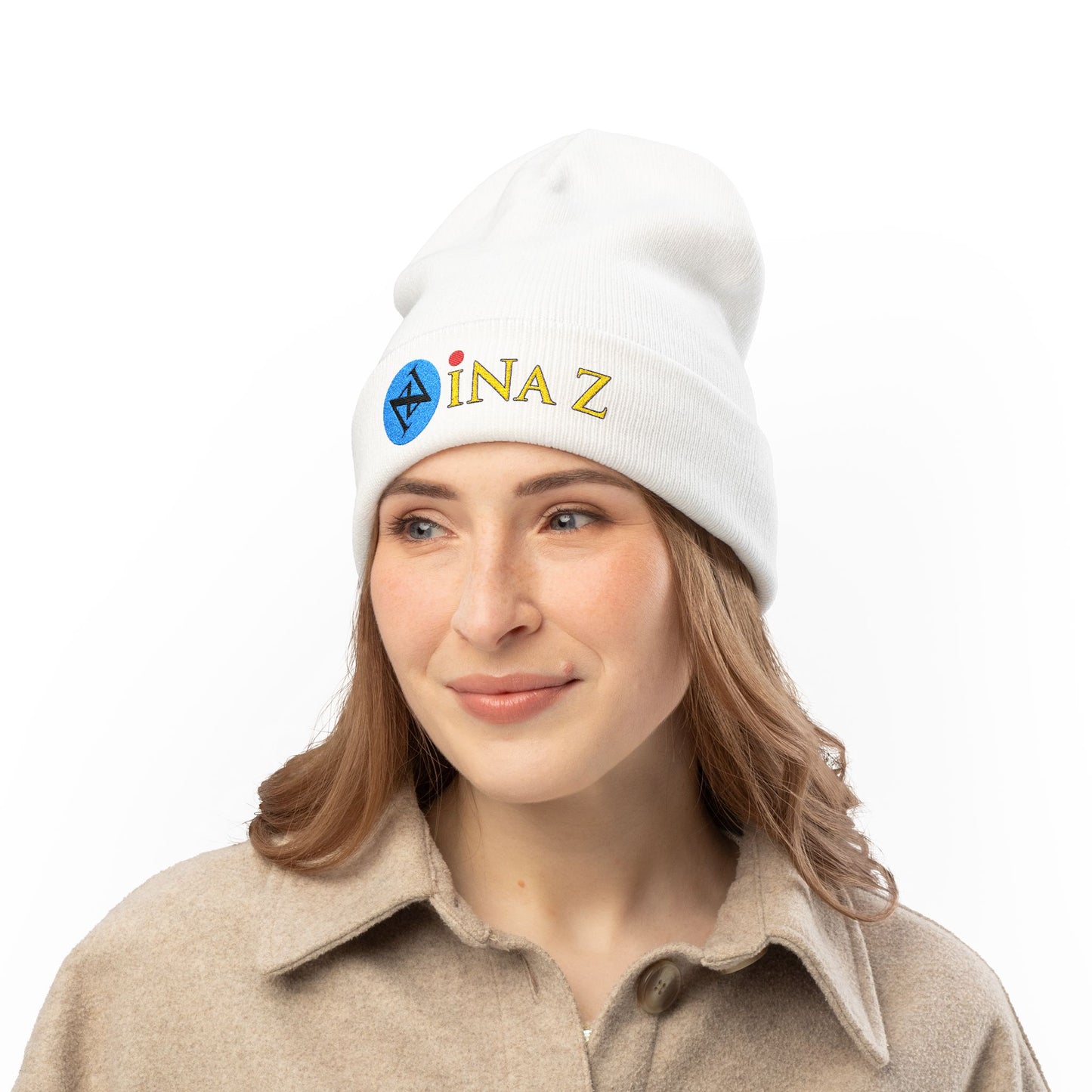 INa Z version BaEl (blue) - Embroidered Target Knit Beanie – Cozy Winter Hat with Minimal Red Circle Accent