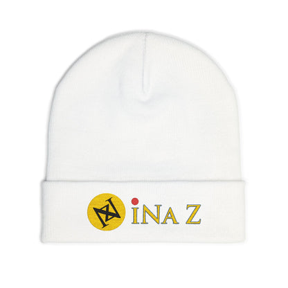 INa Z version ElOm (Yellow) - Embroidered Target Knit Beanie – Cozy Winter Hat with Minimal Red Circle Accent