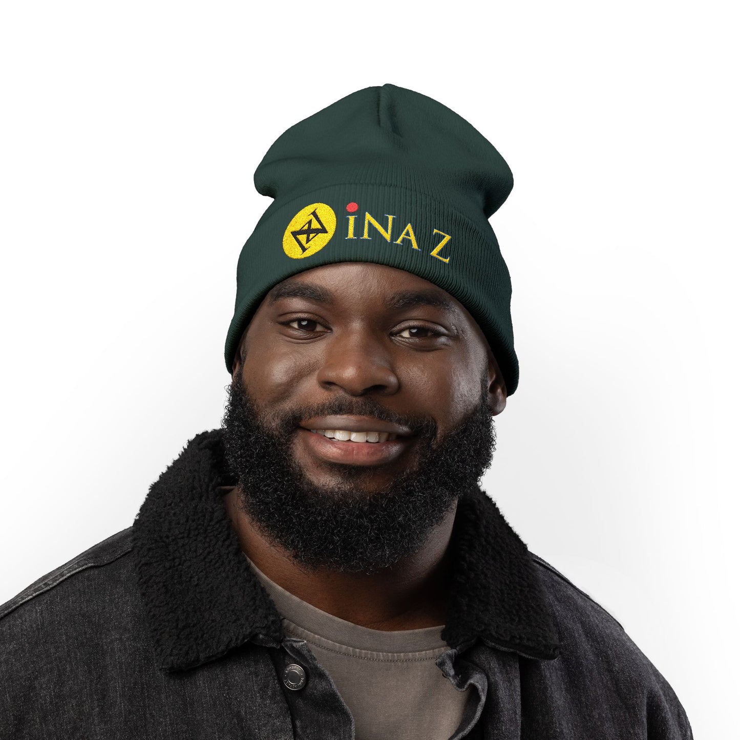 INa Z version ElOm (Yellow) - Embroidered Target Knit Beanie – Cozy Winter Hat with Minimal Red Circle Accent