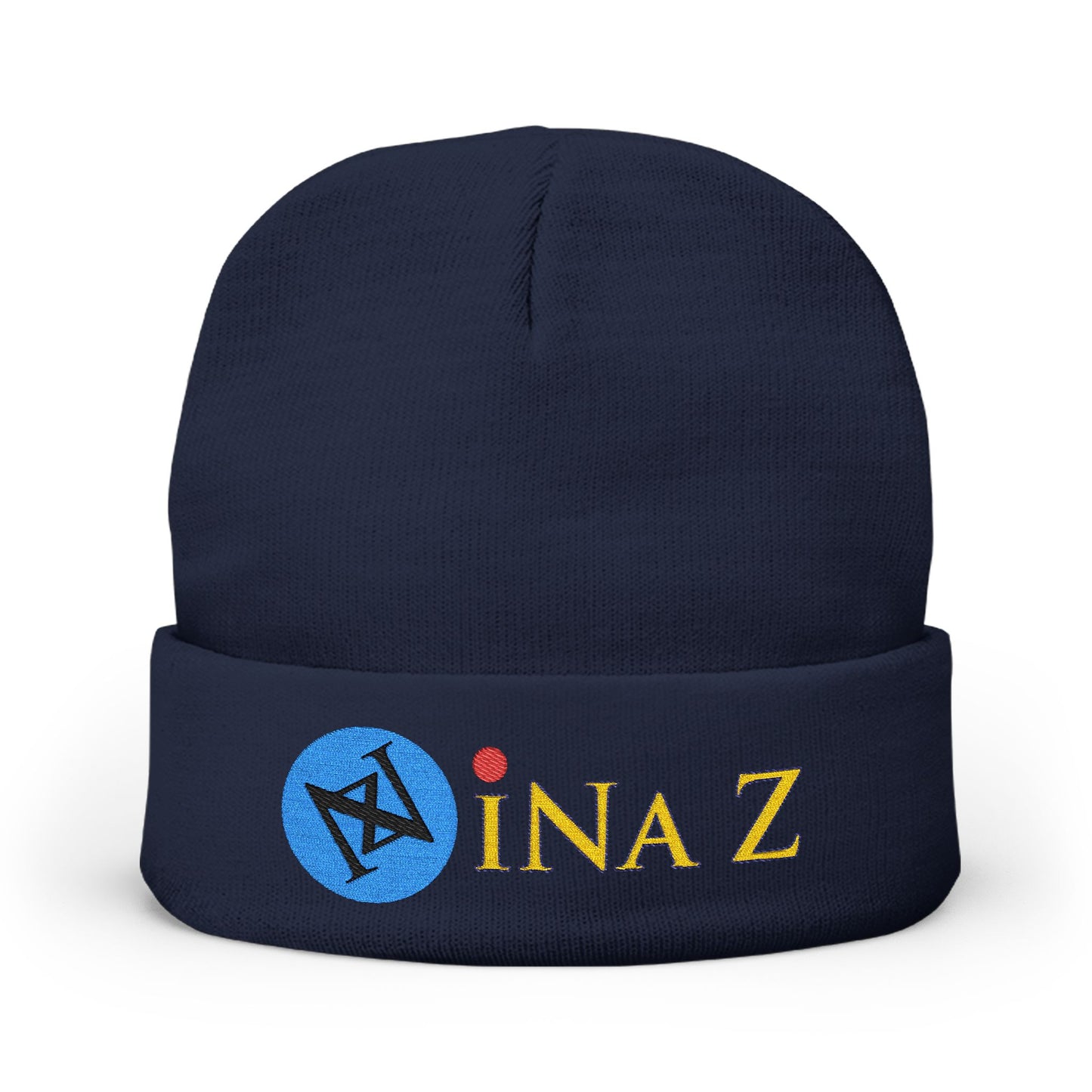 INa Z version BaEl (blue) - Embroidered Target Knit Beanie – Cozy Winter Hat with Minimal Red Circle Accent