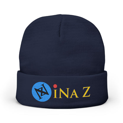 INa Z version BaEl (blue) - Embroidered Target Knit Beanie – Cozy Winter Hat with Minimal Red Circle Accent