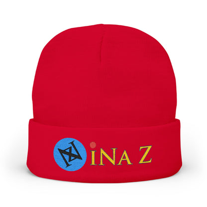 INa Z version BaEl (blue) - Embroidered Target Knit Beanie – Cozy Winter Hat with Minimal Red Circle Accent