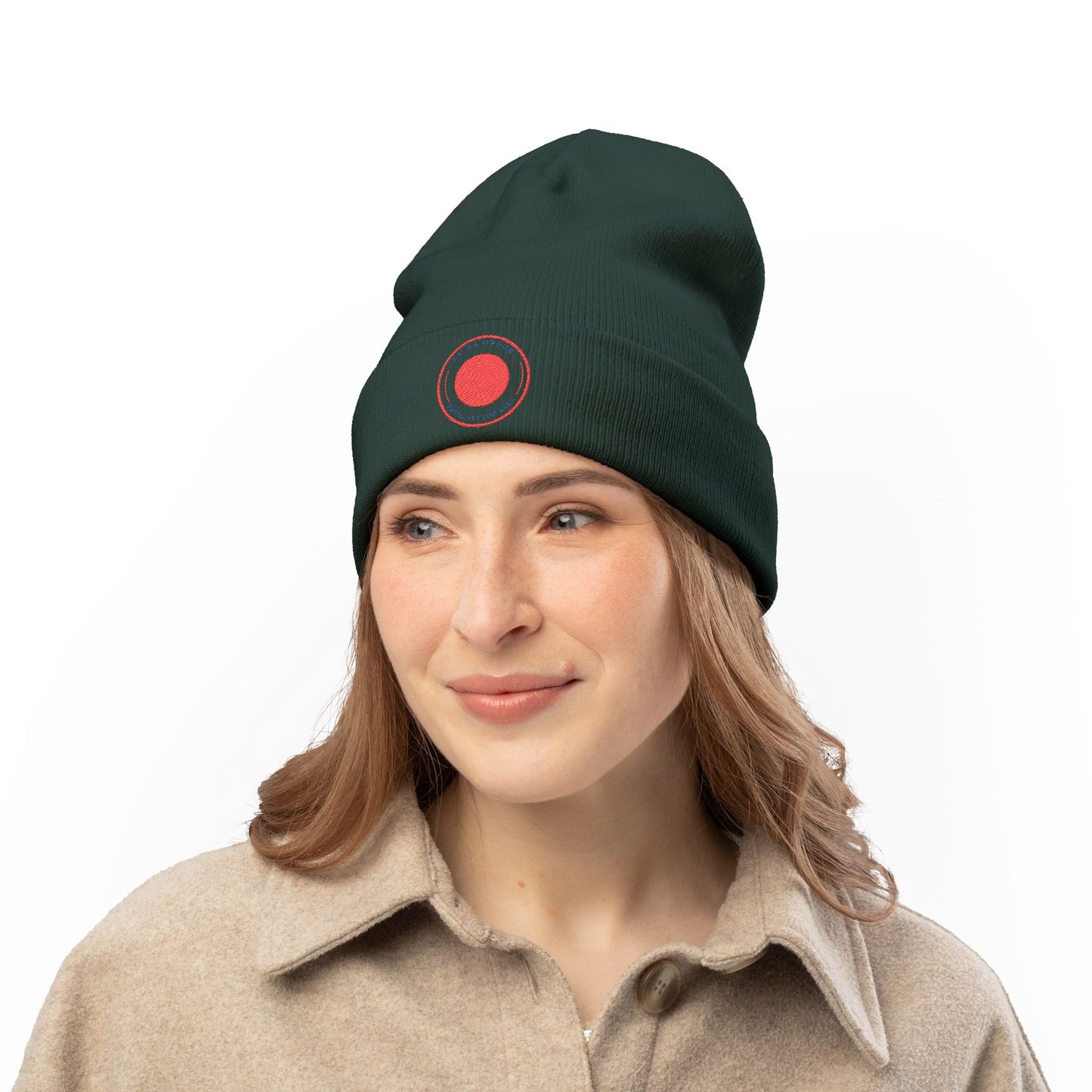 Nu Ra Order -NRO - Embroidered Target Knit Beanie – Cozy Winter Hat with Minimal Red Circle Accent