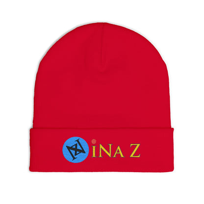 INa Z version BaEl (blue) - Embroidered Target Knit Beanie – Cozy Winter Hat with Minimal Red Circle Accent