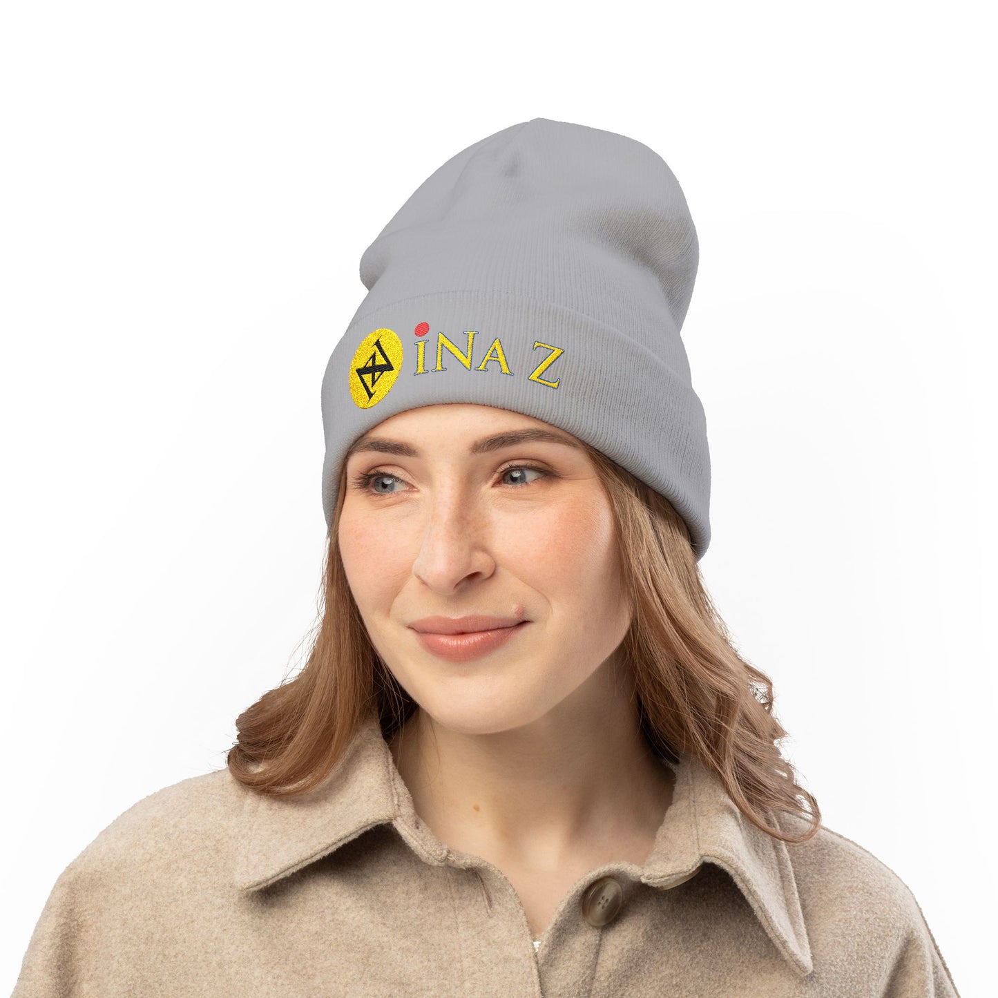 INa Z version ElOm (Yellow) - Embroidered Target Knit Beanie – Cozy Winter Hat with Minimal Red Circle Accent