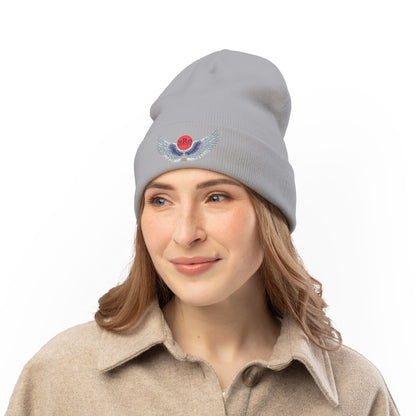 Nu Ra Order - Embroidered Target Knit Beanie – Cozy Winter Hat with Minimal Red Circle Accent