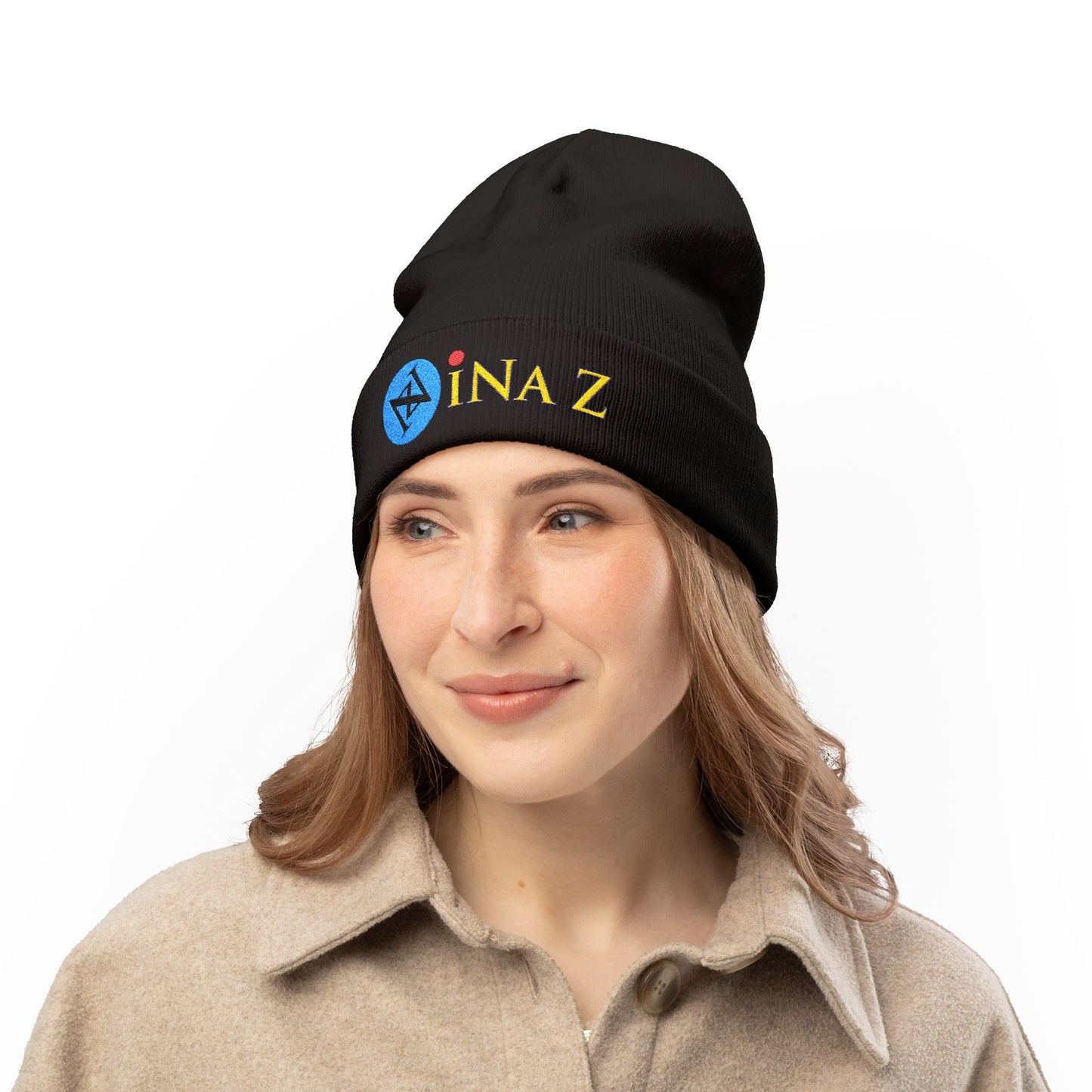 INa Z version BaEl (blue) - Embroidered Target Knit Beanie – Cozy Winter Hat with Minimal Red Circle Accent