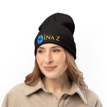 INa Z version BaEl (blue) - Embroidered Target Knit Beanie – Cozy Winter Hat with Minimal Red Circle Accent
