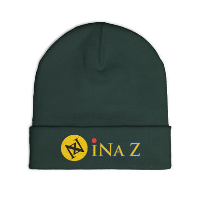 INa Z version ElOm (Yellow) - Embroidered Target Knit Beanie – Cozy Winter Hat with Minimal Red Circle Accent