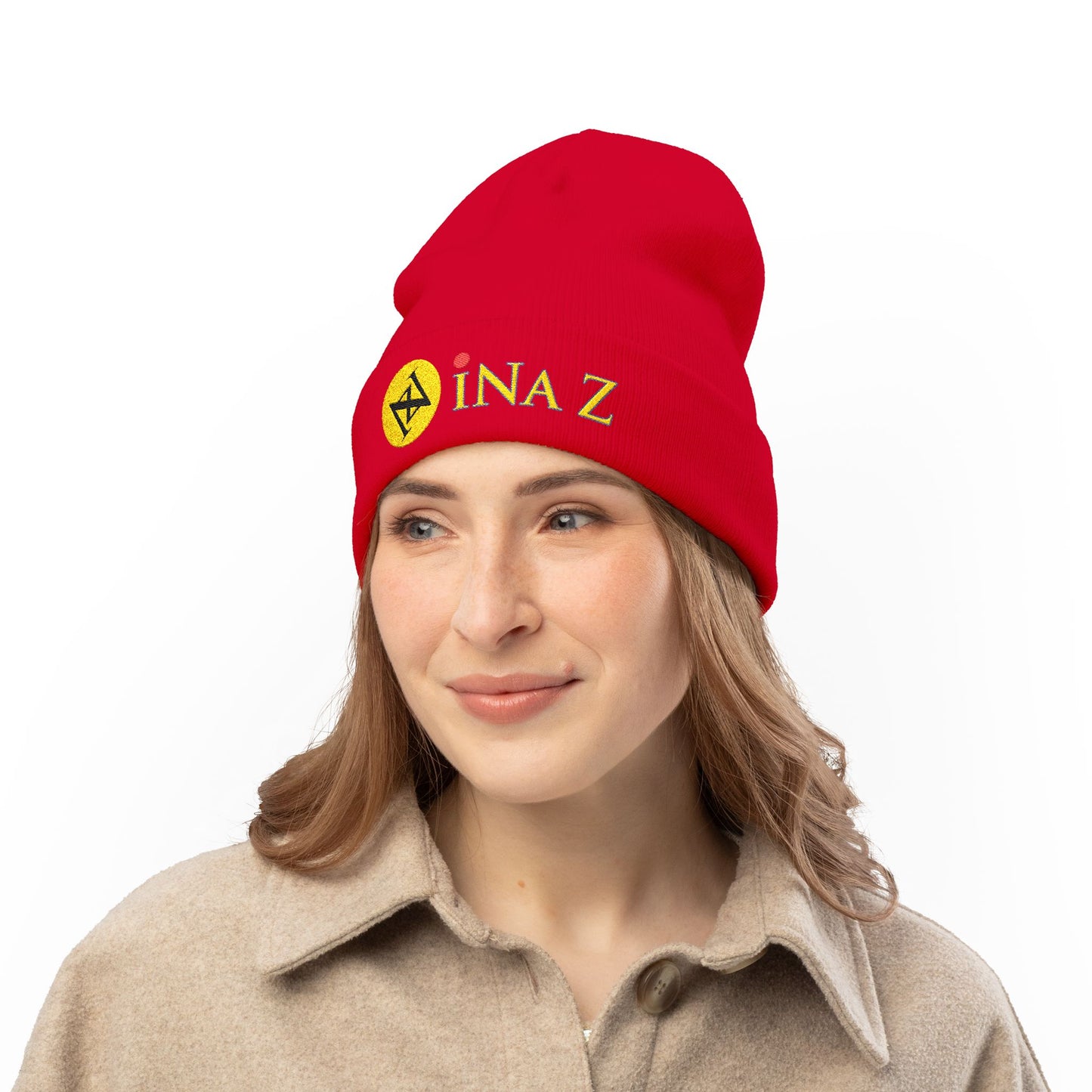 INa Z version ElOm (Yellow) - Embroidered Target Knit Beanie – Cozy Winter Hat with Minimal Red Circle Accent