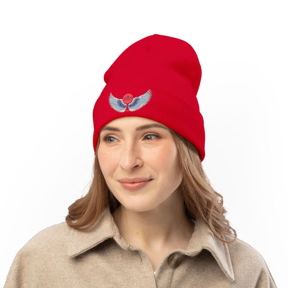 Nu Ra Order - Embroidered Target Knit Beanie – Cozy Winter Hat with Minimal Red Circle Accent