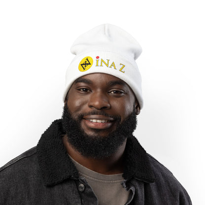 INa Z version ElOm (Yellow) - Embroidered Target Knit Beanie – Cozy Winter Hat with Minimal Red Circle Accent