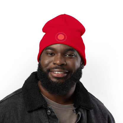Nu Ra Order -NRO - Embroidered Target Knit Beanie – Cozy Winter Hat with Minimal Red Circle Accent