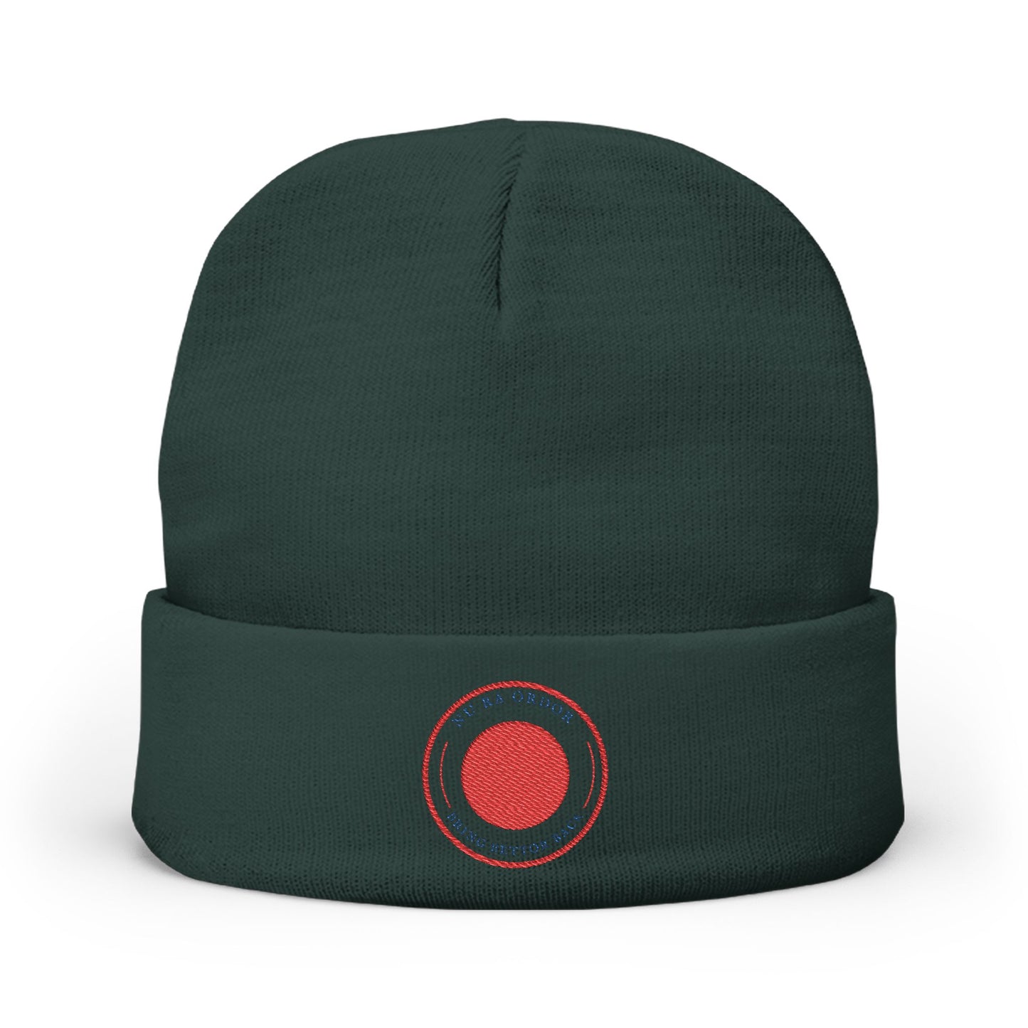 Nu Ra Order -NRO - Embroidered Target Knit Beanie – Cozy Winter Hat with Minimal Red Circle Accent