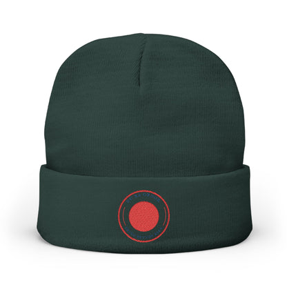 Nu Ra Order -NRO - Embroidered Target Knit Beanie – Cozy Winter Hat with Minimal Red Circle Accent