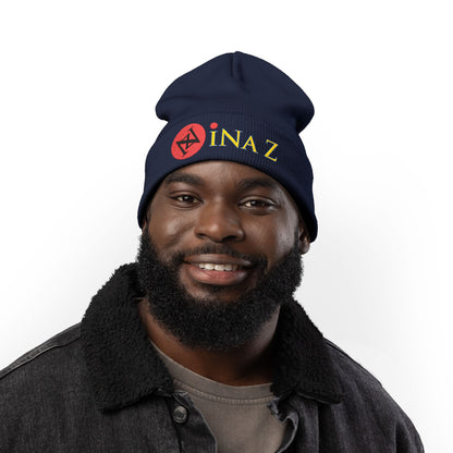 INa Z - Embroidered Target Knit Beanie – Cozy Winter Hat with Minimal Red Circle Accent