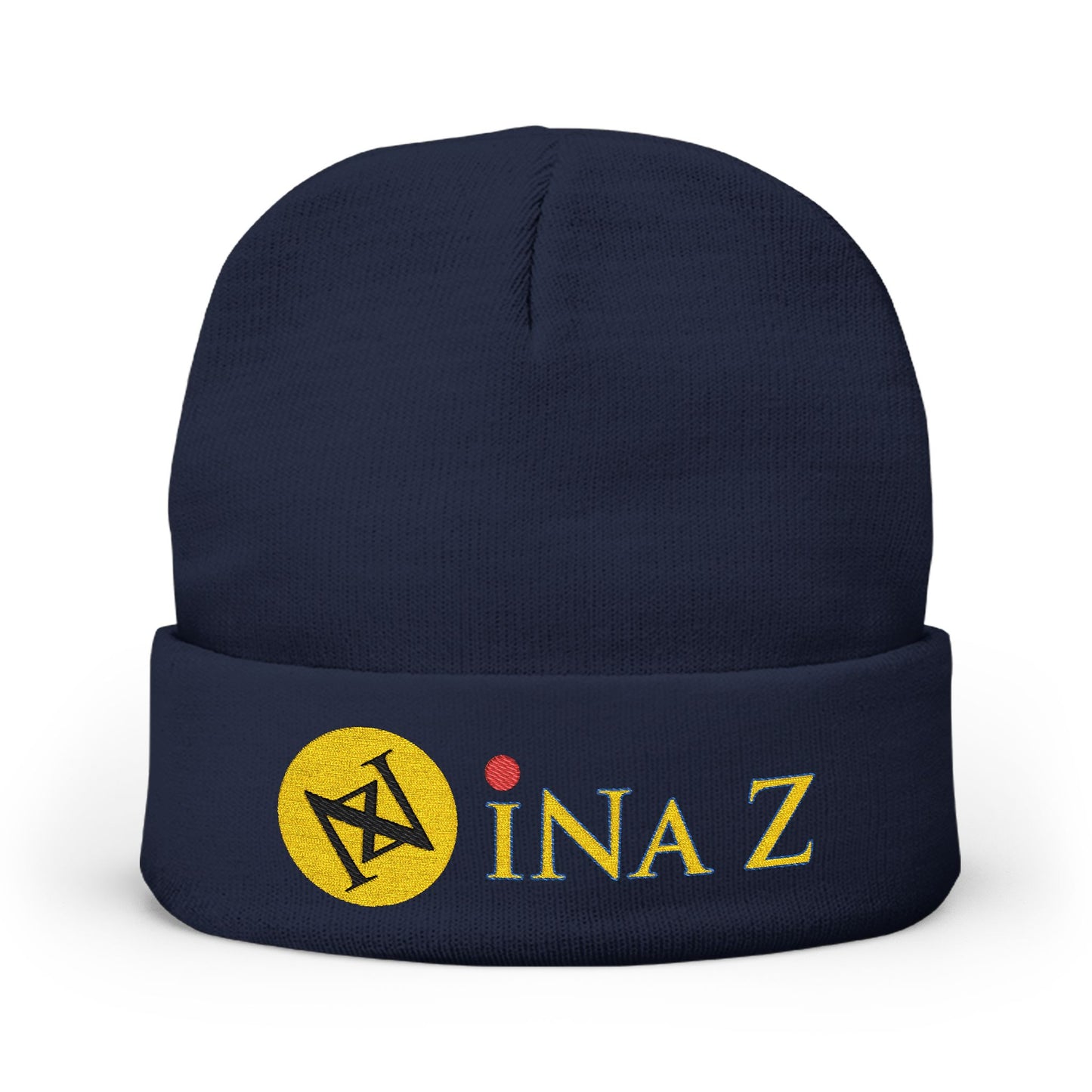INa Z version ElOm (Yellow) - Embroidered Target Knit Beanie – Cozy Winter Hat with Minimal Red Circle Accent