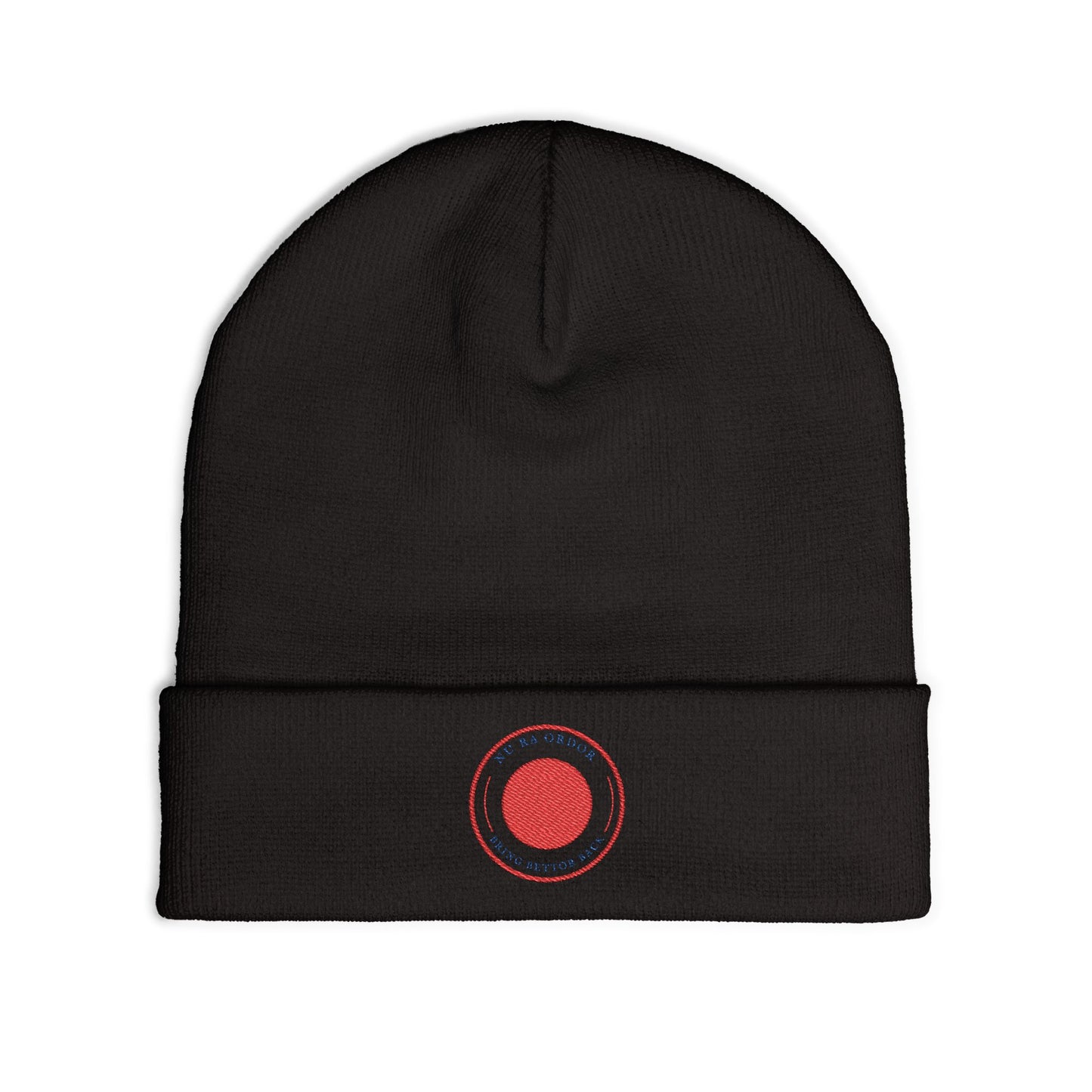 Nu Ra Order -NRO - Embroidered Target Knit Beanie – Cozy Winter Hat with Minimal Red Circle Accent