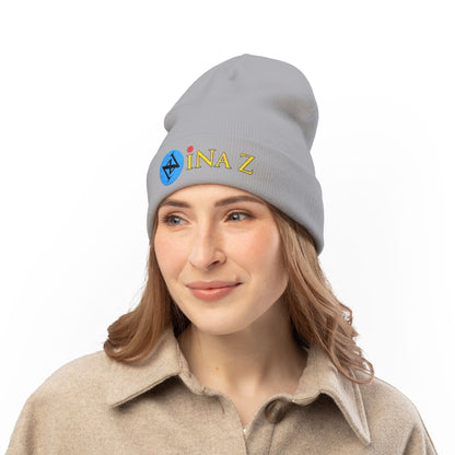 INa Z version BaEl (blue) - Embroidered Target Knit Beanie – Cozy Winter Hat with Minimal Red Circle Accent