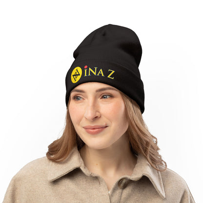 INa Z version ElOm (Yellow) - Embroidered Target Knit Beanie – Cozy Winter Hat with Minimal Red Circle Accent