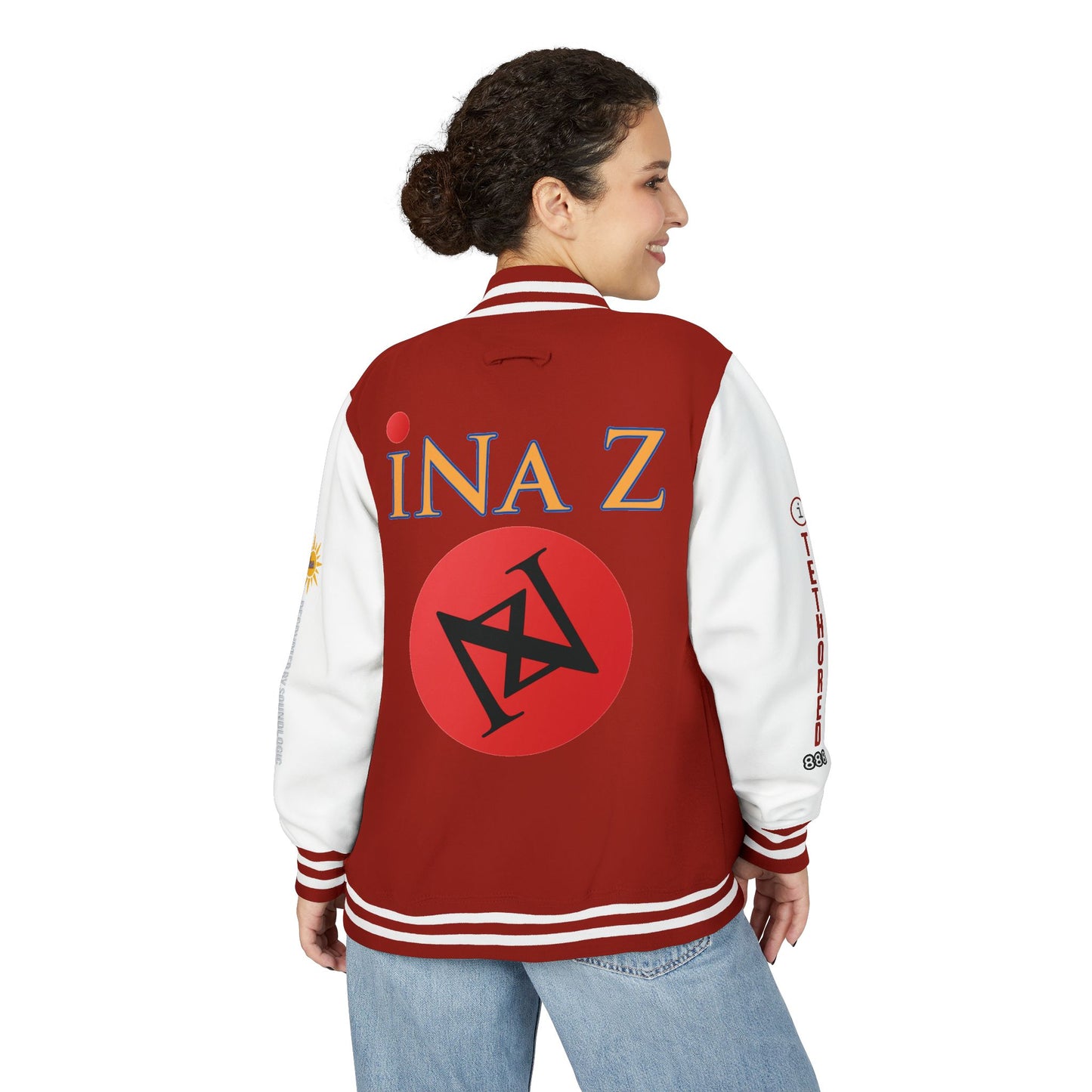 iNa Z Letterman Jacket — INA Z Red & White Varsity Jacket with Logo