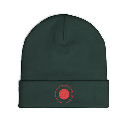 Nu Ra Order -NRO - Embroidered Target Knit Beanie – Cozy Winter Hat with Minimal Red Circle Accent