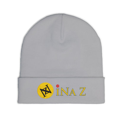 INa Z version ElOm (Yellow) - Embroidered Target Knit Beanie – Cozy Winter Hat with Minimal Red Circle Accent