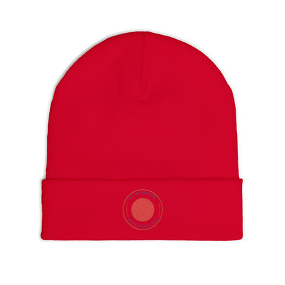 Nu Ra Order -NRO - Embroidered Target Knit Beanie – Cozy Winter Hat with Minimal Red Circle Accent