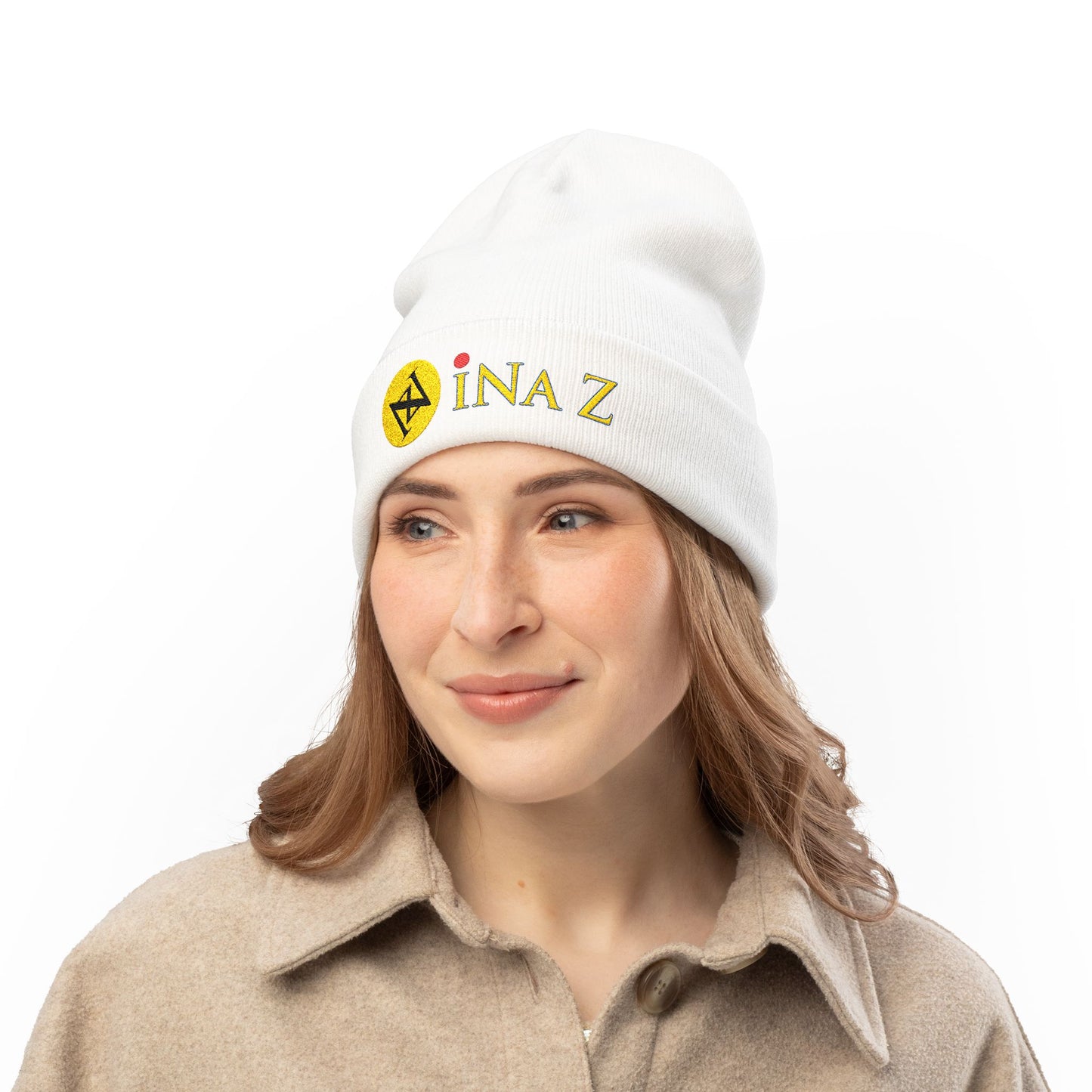 INa Z version ElOm (Yellow) - Embroidered Target Knit Beanie – Cozy Winter Hat with Minimal Red Circle Accent