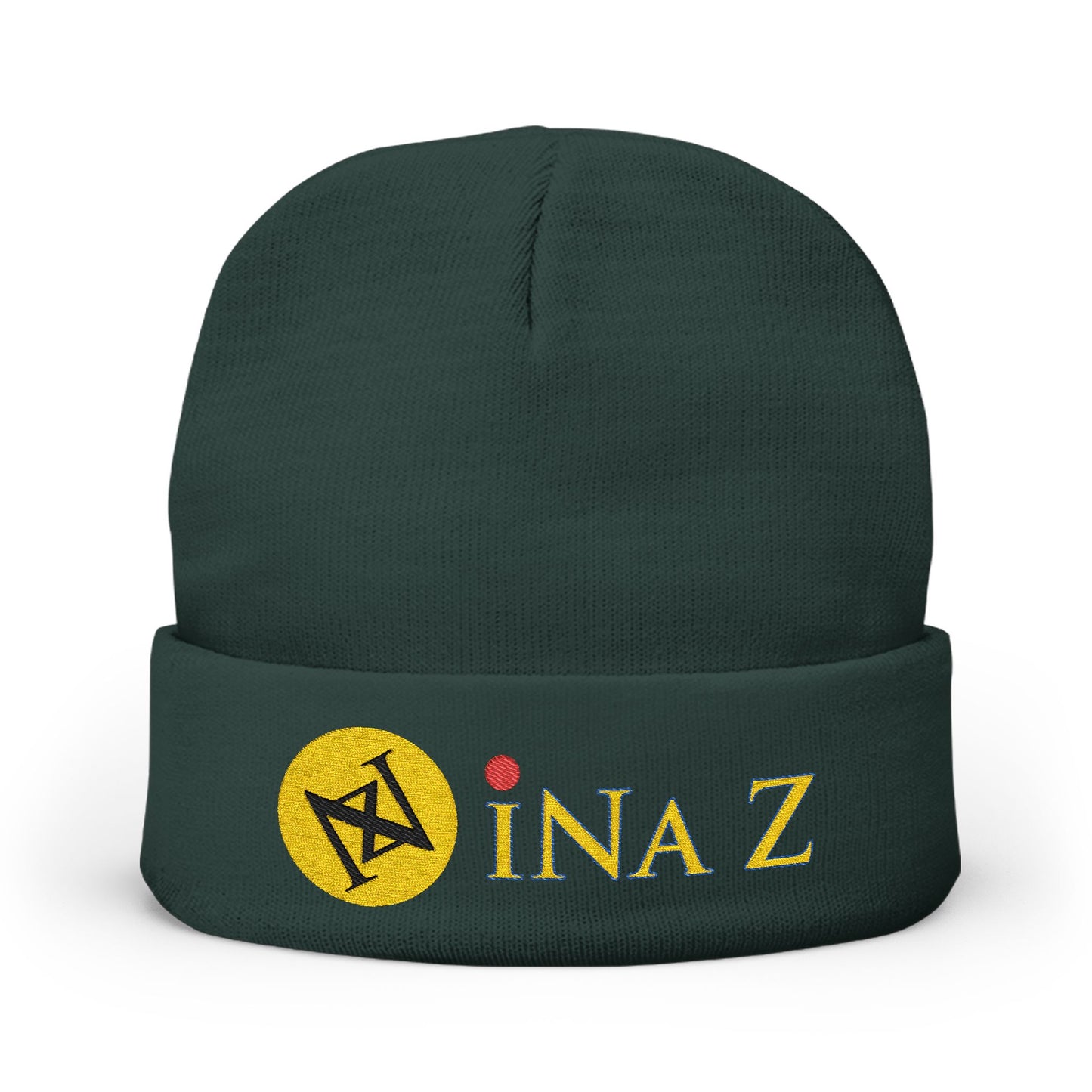 INa Z version ElOm (Yellow) - Embroidered Target Knit Beanie – Cozy Winter Hat with Minimal Red Circle Accent