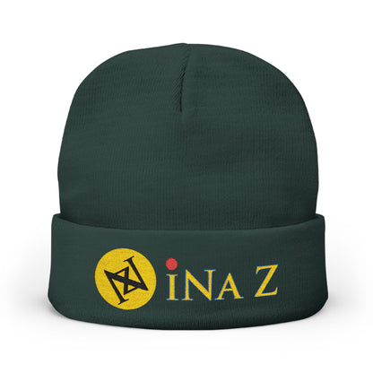 INa Z version ElOm (Yellow) - Embroidered Target Knit Beanie – Cozy Winter Hat with Minimal Red Circle Accent
