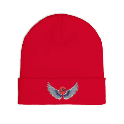 Nu Ra Order - Embroidered Target Knit Beanie – Cozy Winter Hat with Minimal Red Circle Accent