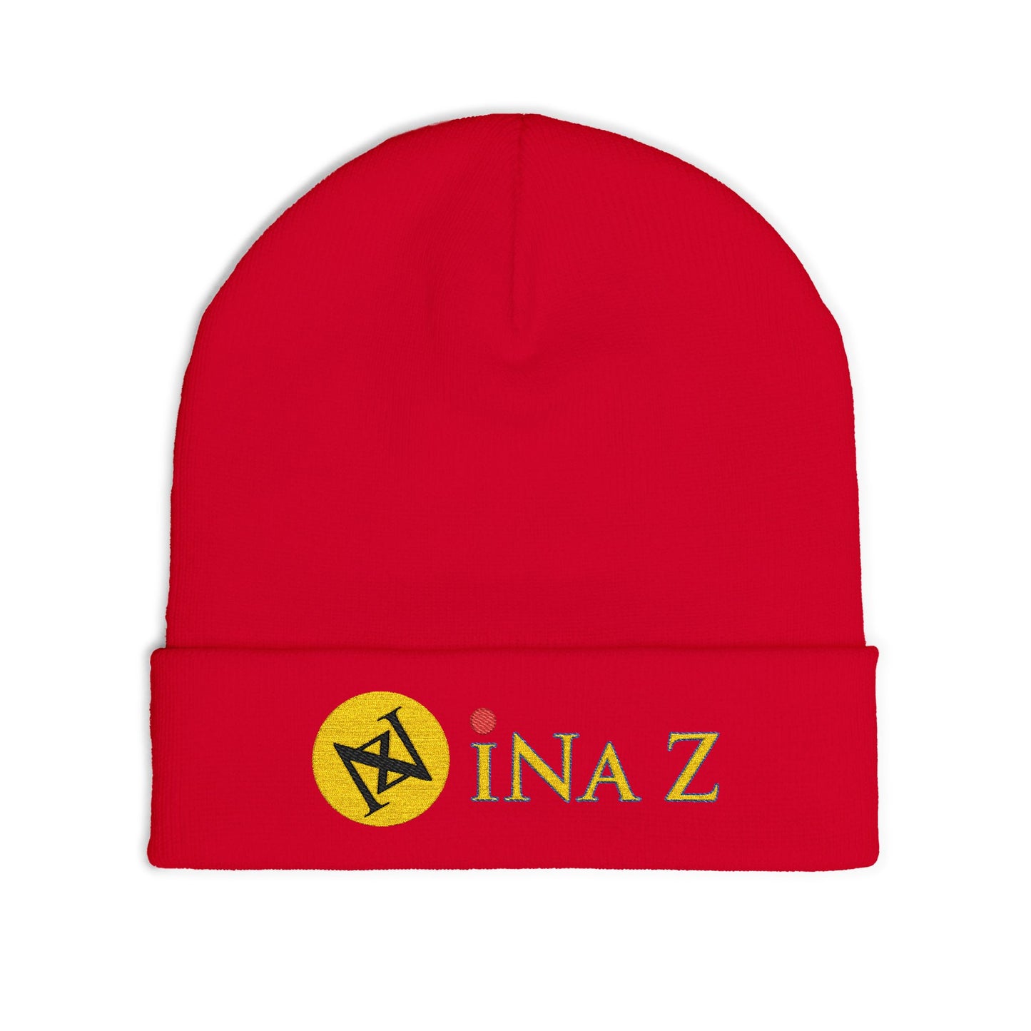 INa Z version ElOm (Yellow) - Embroidered Target Knit Beanie – Cozy Winter Hat with Minimal Red Circle Accent