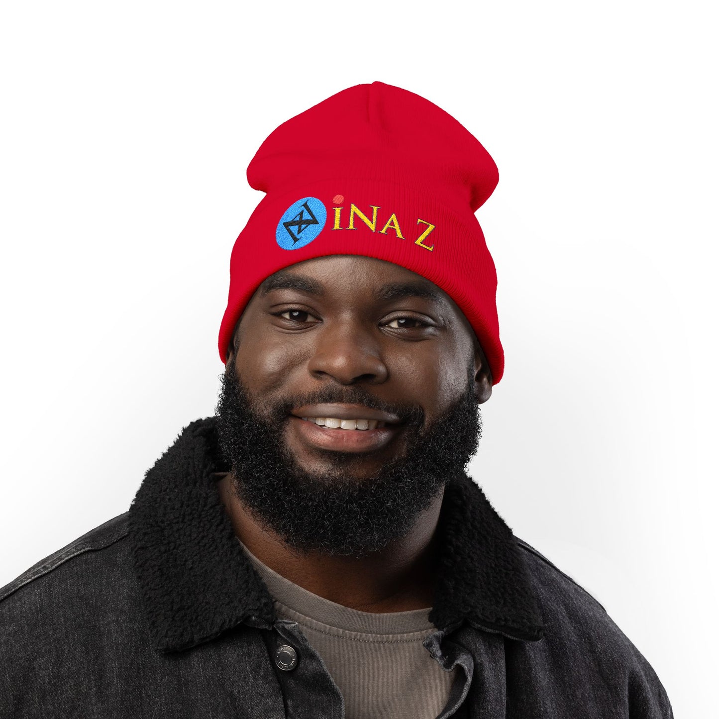 INa Z version BaEl (blue) - Embroidered Target Knit Beanie – Cozy Winter Hat with Minimal Red Circle Accent