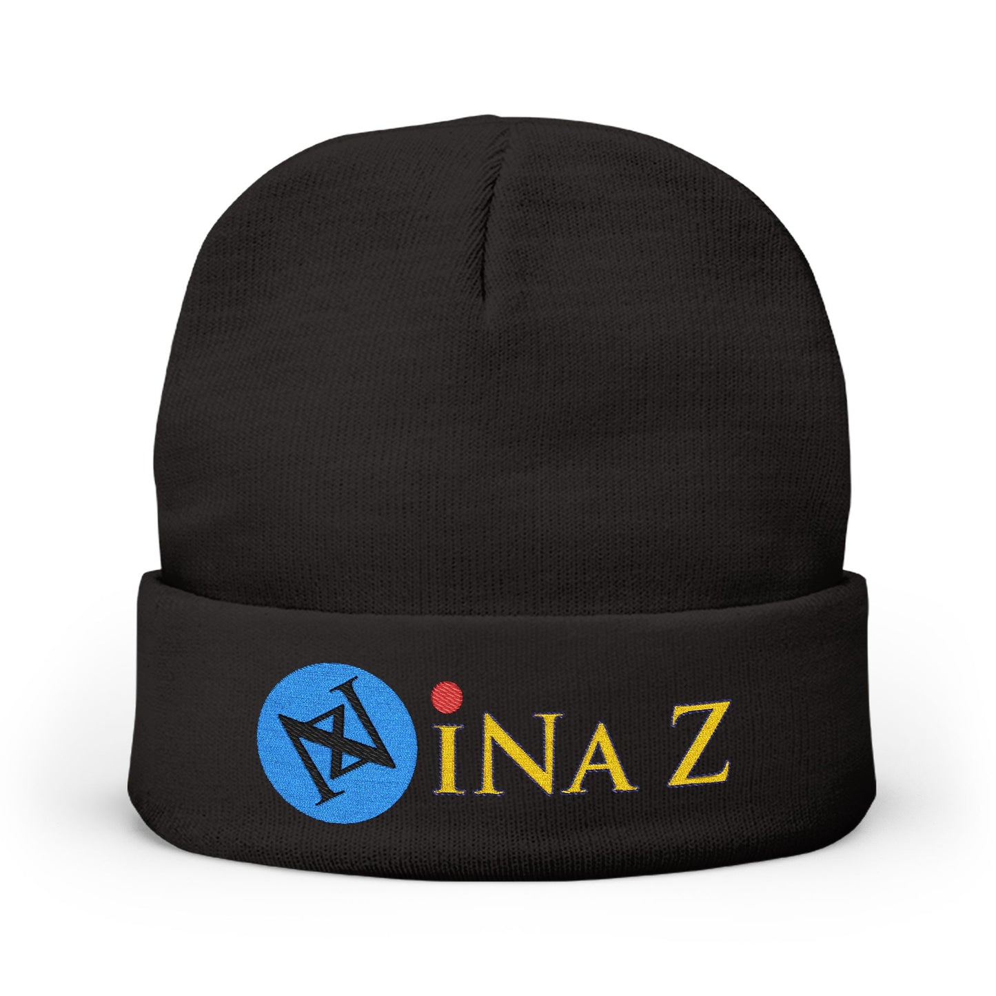 INa Z version BaEl (blue) - Embroidered Target Knit Beanie – Cozy Winter Hat with Minimal Red Circle Accent