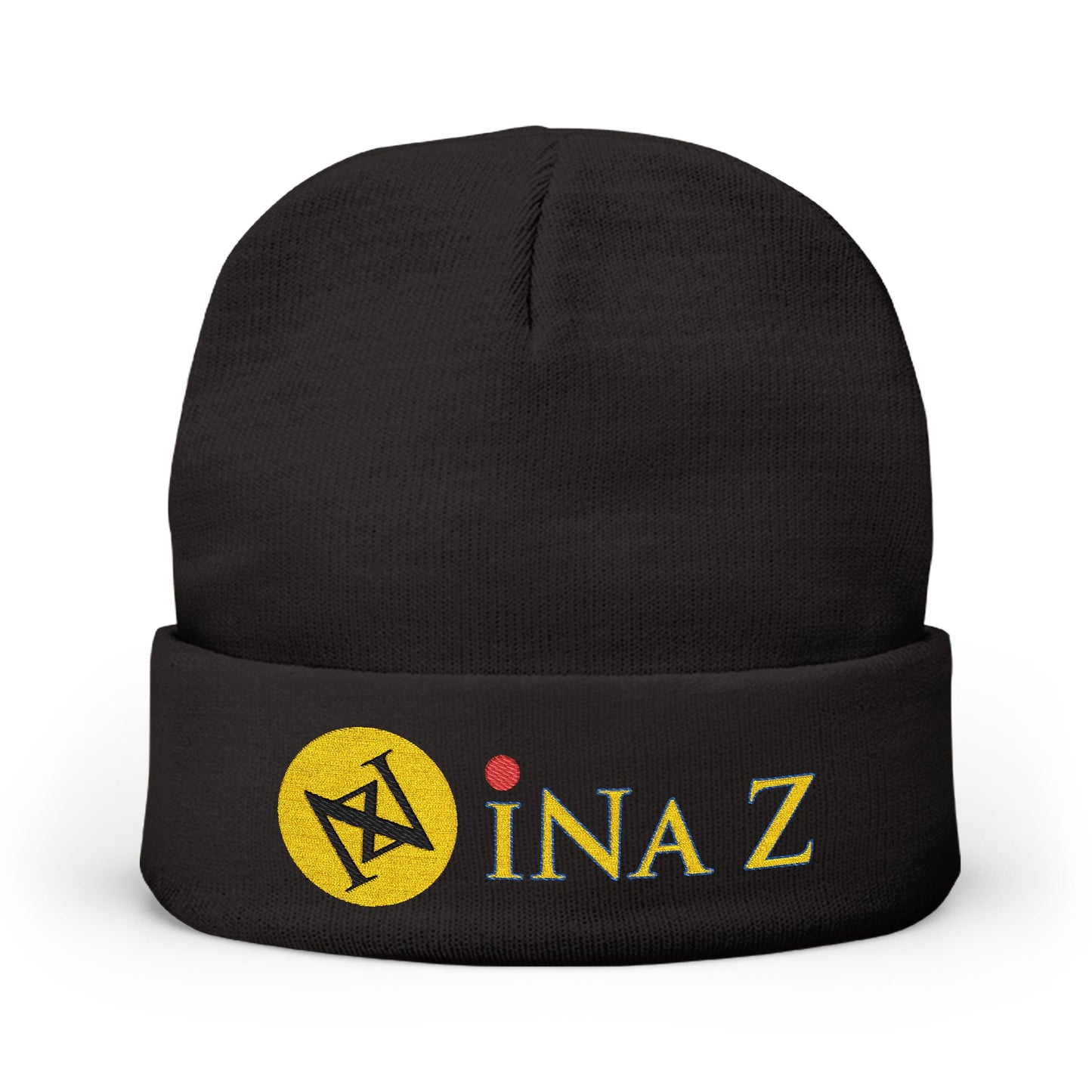 INa Z version ElOm (Yellow) - Embroidered Target Knit Beanie – Cozy Winter Hat with Minimal Red Circle Accent