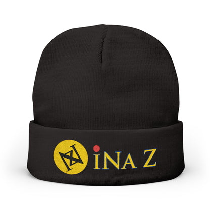 INa Z version ElOm (Yellow) - Embroidered Target Knit Beanie – Cozy Winter Hat with Minimal Red Circle Accent