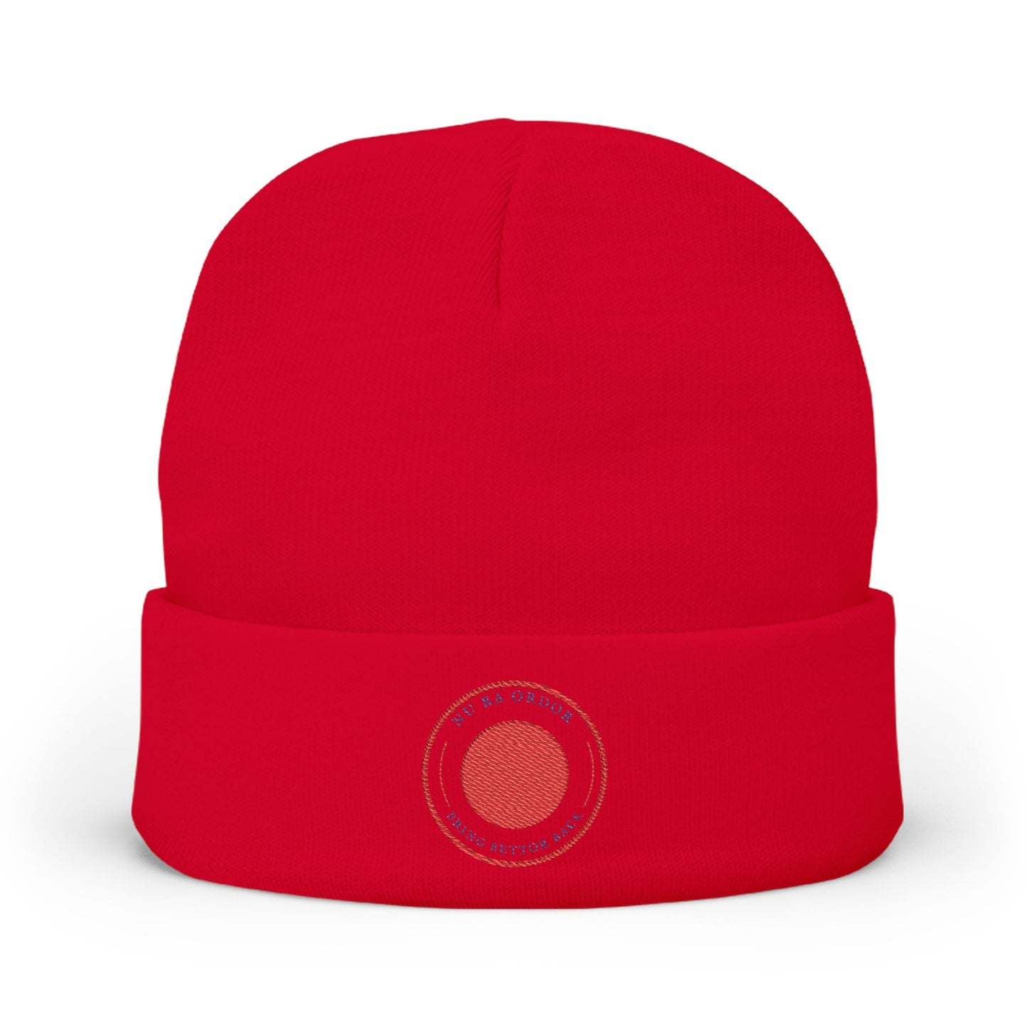 Nu Ra Order -NRO - Embroidered Target Knit Beanie – Cozy Winter Hat with Minimal Red Circle Accent