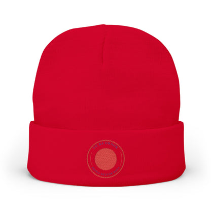 Nu Ra Order -NRO - Embroidered Target Knit Beanie – Cozy Winter Hat with Minimal Red Circle Accent