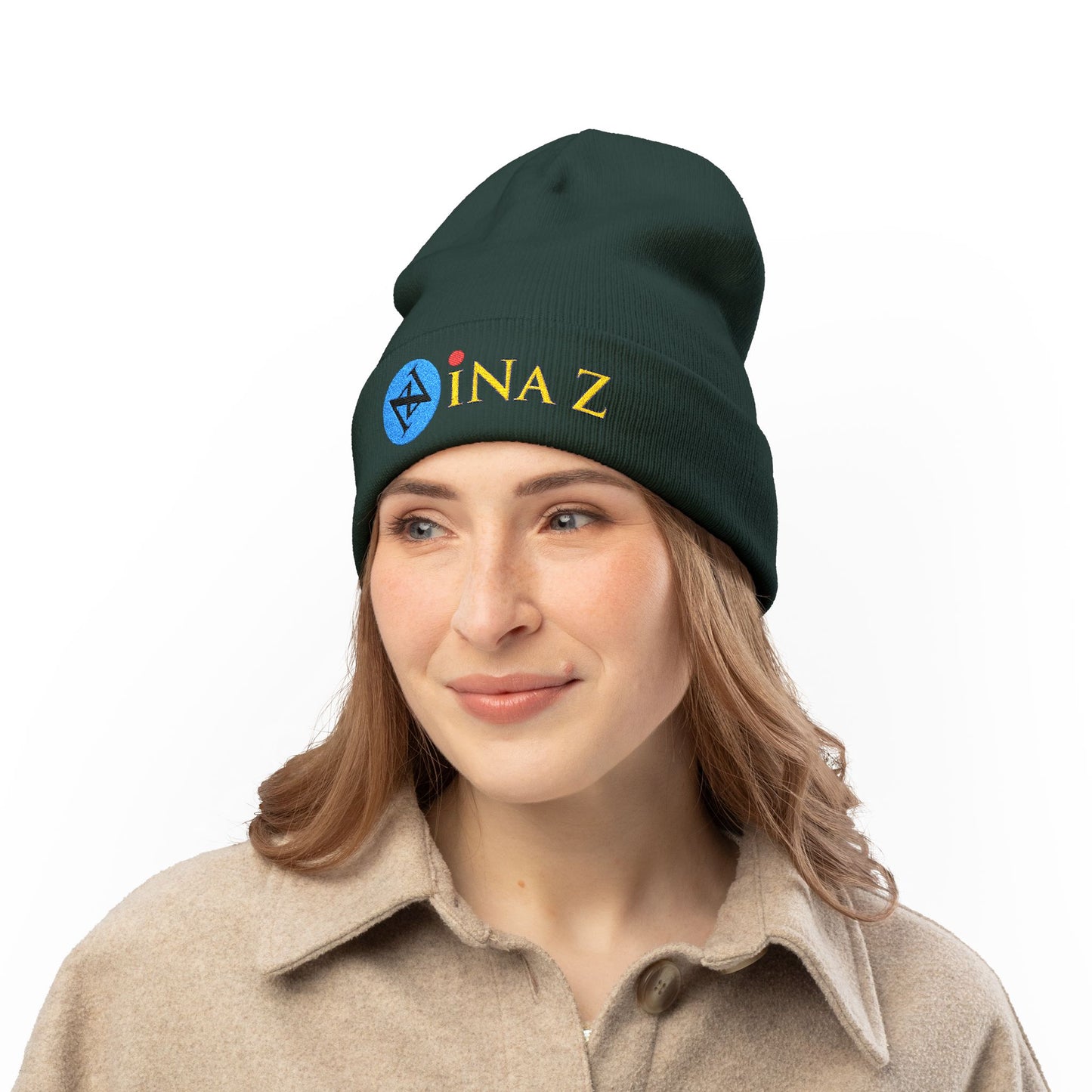 INa Z version BaEl (blue) - Embroidered Target Knit Beanie – Cozy Winter Hat with Minimal Red Circle Accent