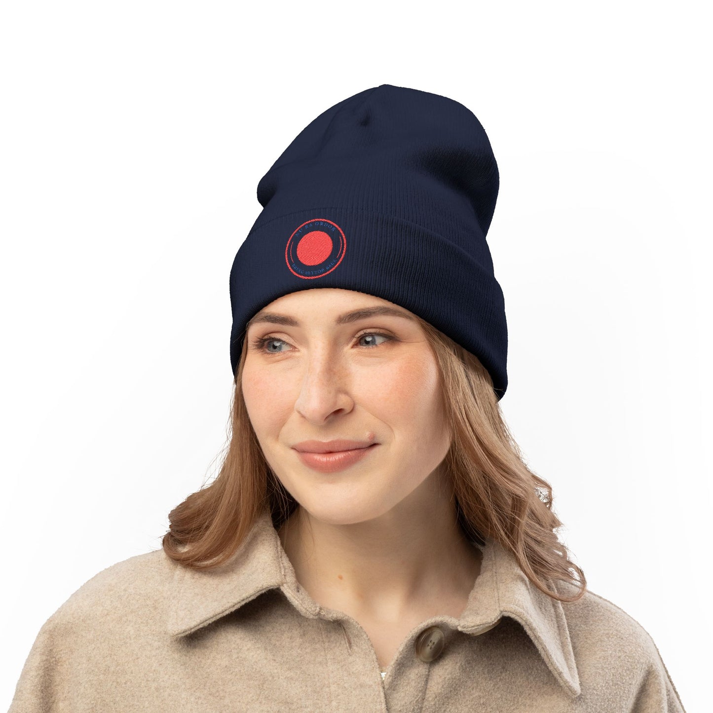 Nu Ra Order -NRO - Embroidered Target Knit Beanie – Cozy Winter Hat with Minimal Red Circle Accent