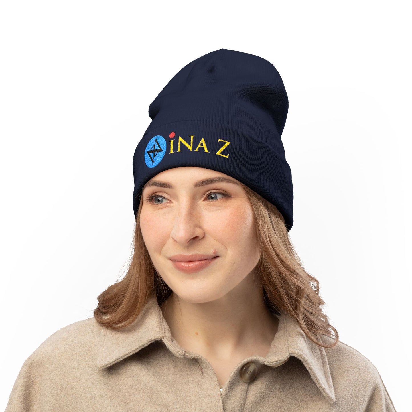 INa Z version BaEl (blue) - Embroidered Target Knit Beanie – Cozy Winter Hat with Minimal Red Circle Accent