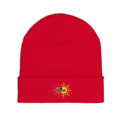 EL baKa Twin SaOn - Embroidered Target Knit Beanie – Cozy Winter Hat with Minimal Red Circle Accent