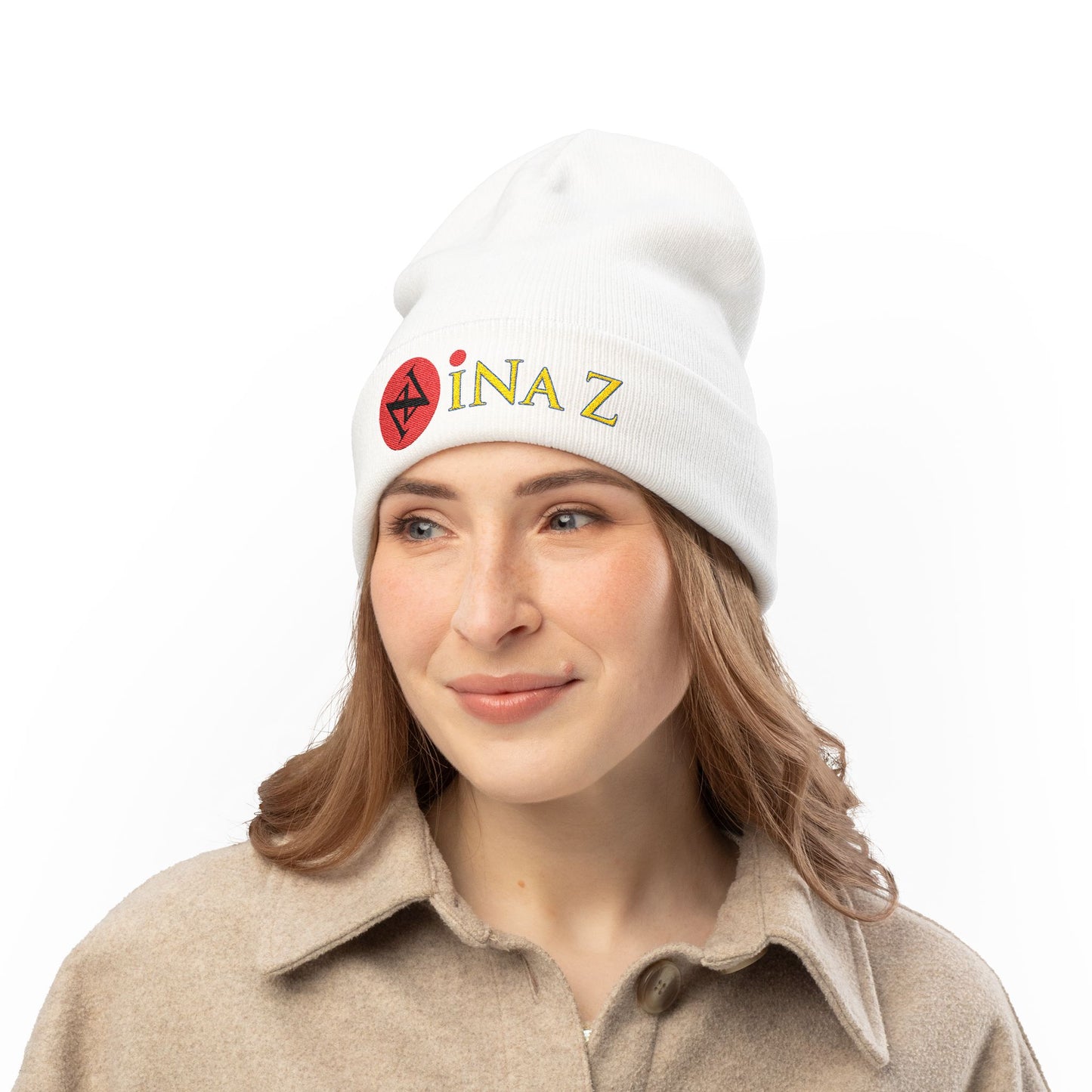 INa Z - Embroidered Target Knit Beanie – Cozy Winter Hat with Minimal Red Circle Accent