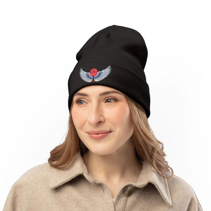 Nu Ra Order - Embroidered Target Knit Beanie – Cozy Winter Hat with Minimal Red Circle Accent