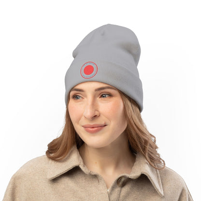 Nu Ra Order -NRO - Embroidered Target Knit Beanie – Cozy Winter Hat with Minimal Red Circle Accent