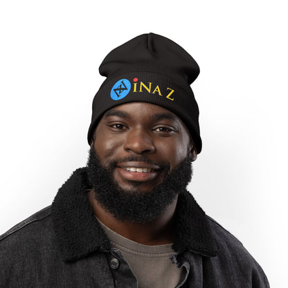 INa Z version BaEl (blue) - Embroidered Target Knit Beanie – Cozy Winter Hat with Minimal Red Circle Accent